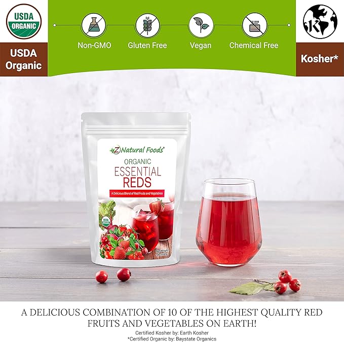 Z Natural Foods Organic Essential Reds, Organic Juice Powder, Super Blend of 10 Red Fruits and Vegetables, Superfood Smoothie Powder, Non-GMO, Vegan, 1 lb