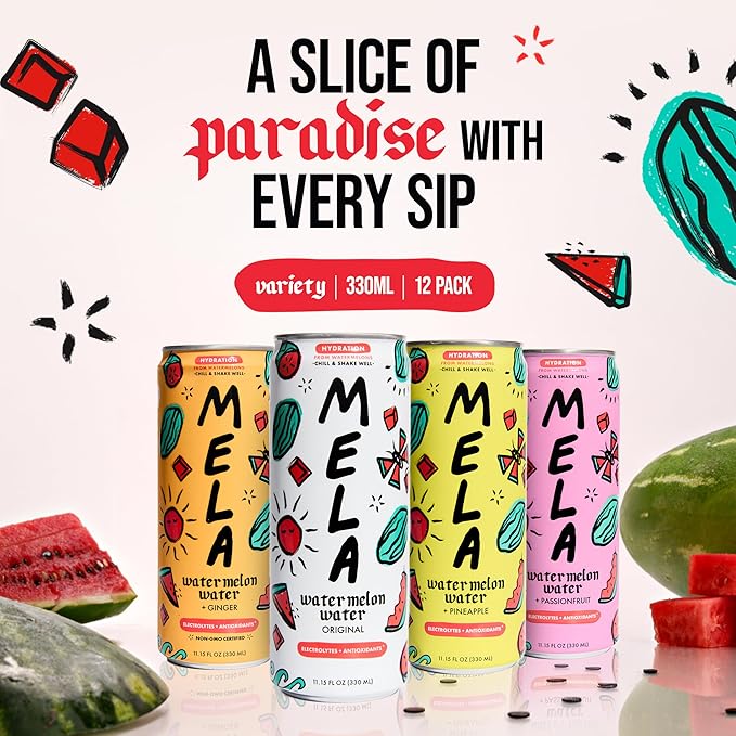 Mela Watermelon Water - Watermelon Juice, 100 Percent Natural Fruit Juice with Vitamin C, Electrolytes, Antioxidants - Coconut Water Alternative, Gluten-Free (Variety, 11.15 fl oz, 12-pack)