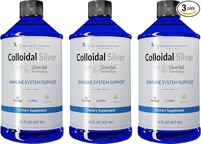 Colloidal Silver Liquid - 12 PPM Premium Silver Solution, 60 MCG Per Serving, All Natural, Vegan Immune System Support, Ionic Silver Water Daily Mineral Supplement (3-16 Fl oz Bottles)