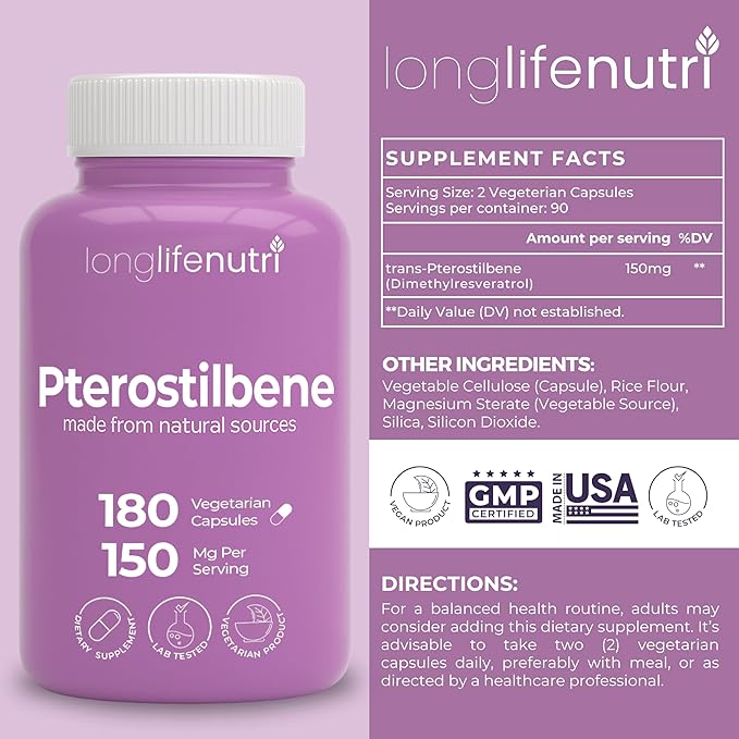 Pterostilbene Supplement 150mg, Elevate Cellular Energy, 180 Vegan Capsules, 3 Month Supply, Pure Organic Pterostilbene Extract, Made in USA, Non GMO, Clean Label, Easy Swallow Antioxidant Support