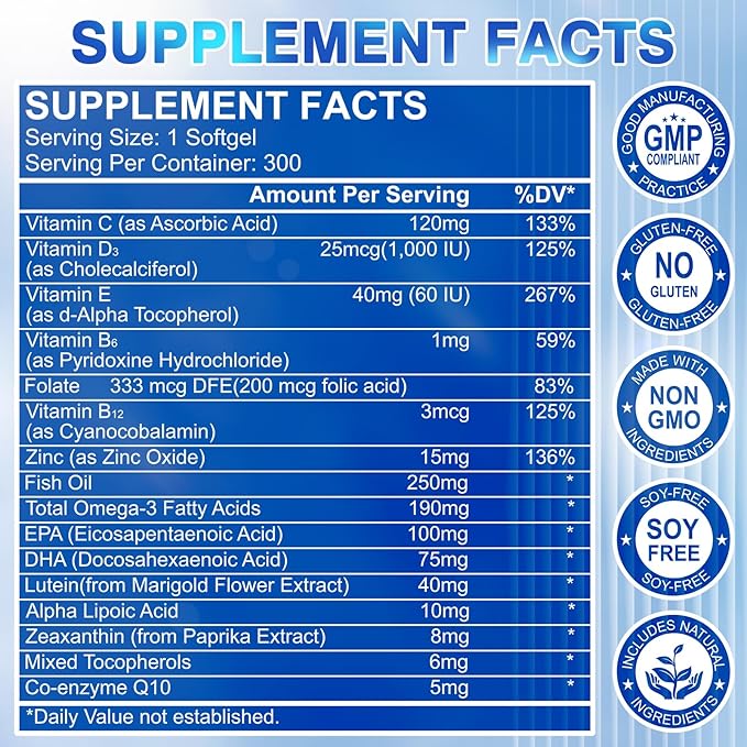 Lutein and Zeaxanthin Supplement - Eye Vitamins, 40 mg Lutein & 8 mg Zeaxanthin with Vitamins C, E, Zinc, Omega-3 & CoQ10 for Blue Light Protection, Eye Health Support, Eyebright - 300 Softgels