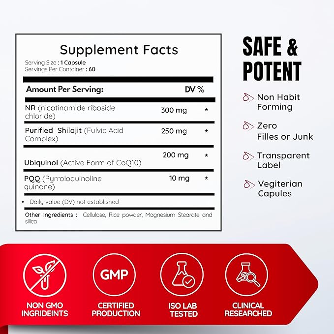 NAD+ CoQ10 PQQ and Shilajit - Longevity, Healthy Aging, Heart & Brain - Superior Bioavailable - Cellular Energy, Mitochondrial,- Nicotinamide Riboside, Ubiquinol - 60 Days Vegan Supply