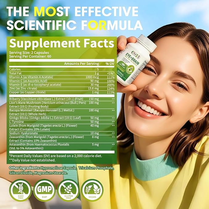 Lutein Eye Vitamins 14 in 1 Supplement Eye Vitamins for Ocular Health, Dry Eye Support, Memory & Focus Supplement, Contains Lutein, Zeaxanthin, Zinc, Vitamins A/C/E, 120 Capsules