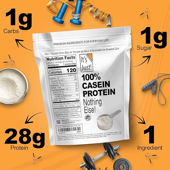 It's Just! - 100% Casein Protein Powder, Made in USA, One Ingredient, Slow Burning, Time Release (1 Pound (Pack of 1), Unflavored)