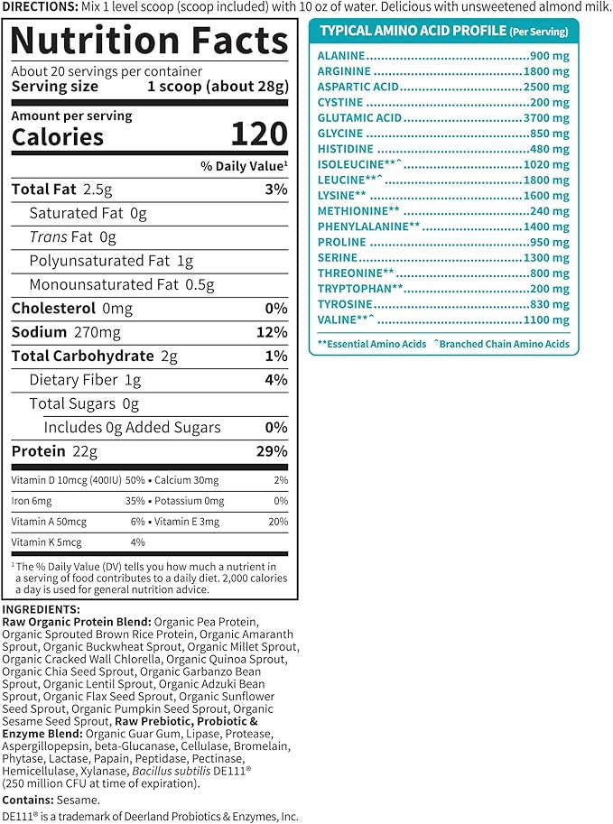 Garden of Life Protein Powder, Vegan Protein Powder, BCAA, Probiotics & Digestive Enzymes, Gluten & Lactose Free, Unflavored, 20 Servings