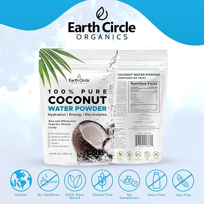 Earth Circle Organics Pure Coconut Water Powder | Coconut Electrolyte Powder for Energy and Hydration Supplement | No Additives | Unsweetened | Vegan | Keto | Gluten Free - 8oz (Pack of 2)