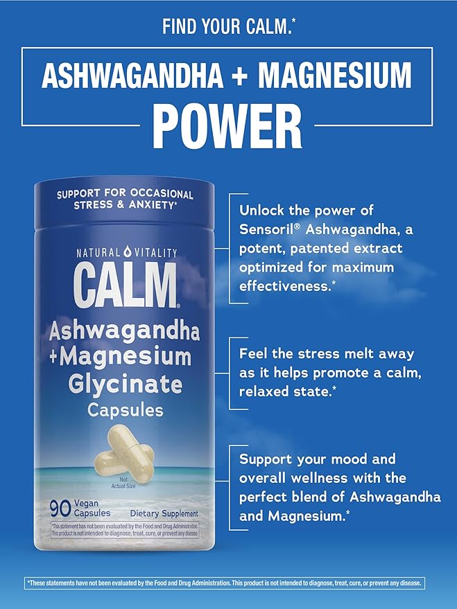 Natural Vitality Calm Ashwagandha + Magnesium Glycinate Capsules | Support for Occasional Stress & Anxiety | Gluten Free Supplement| 90 Count
