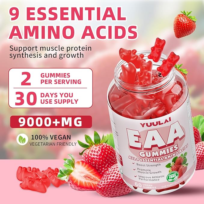 EAA Gummies Essential Amino Acids - All 9 Essential Aminos (EAA) and All Branched-Chain Aminos (BCAAs) for Muscle Recovery, Energy Support, Strawberry Flavor, 60 Count