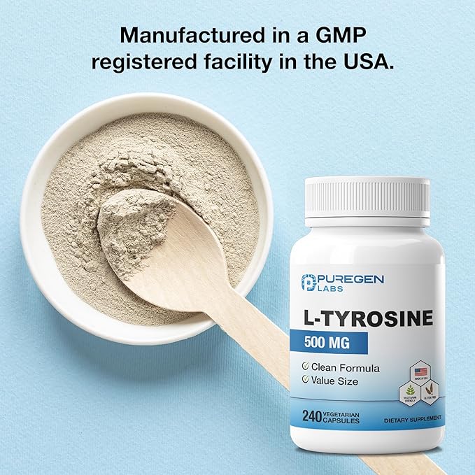 Puregen Labs L-Tyrosine 500 mg, 240 Vegetable Capsules | No Harmful Additives | Brain & Nervous System Support, Non-GMO, Vegan, Gluten Free, Dairy Free - 240 Servings - Made in USA