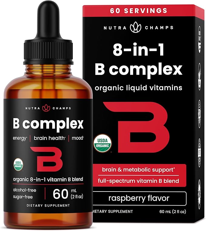 USDA Organic Vitamin B Complex Liquid Drops | B Vitamins Complex Supplement with B1, B2, B3, B6, B7, B9 & Methyl B12 Drops for Adults & Kids | Vegan Berry Flavor 2oz | 60 Servings / 2 Month Supply