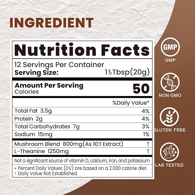 Mushroom Hot Cocoa Mix, 10 Mushrooms, MCT and Cocoa Powder with L-Theanine, Mushroom Coffee Alternatives for Sleep, 8.5 Oz