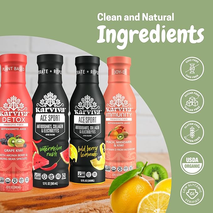 Karviva Organic Juice Cleanse & Skin Glowing Pack – Detox & Collagen Boost, Low-Sugar, High Fiber, Antioxidants & Vitamins – Ancient Remedies For Weight Control & Sugar Detox, 1–3 Day Use (6 BPA-Free Bottles, 12 oz)