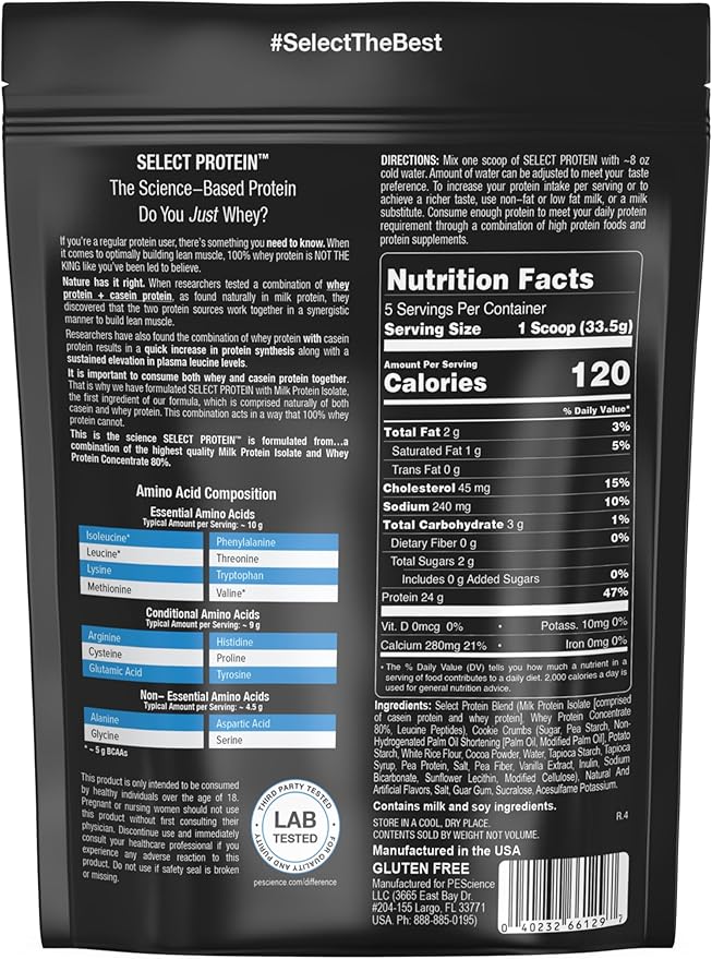 PEScience Select Protein Powder, Whey and Casein Blend, Clean Protein Powder for Women and Men, Low Calorie, Low Carb, Keto Friendly, Gluten Free - Cookies and Cream - 5 Servings