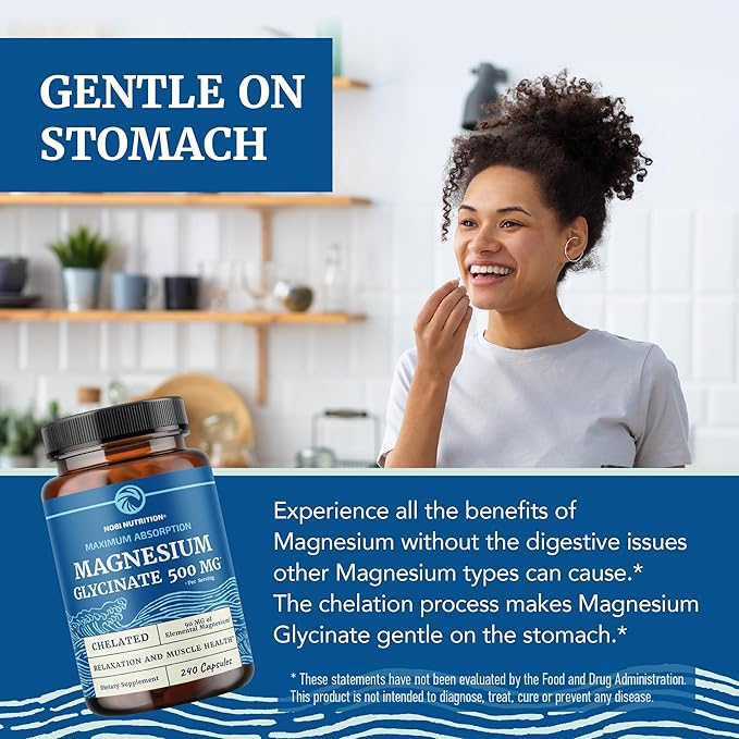 Magnesium Glycinate 500mg | Chelated for High Absorption | Muscle Relaxation, Bones, Heart, Nerve, Sleep & Calm Support for Women & Men | Magnesium Chelate Supplement & Bisglycinate Complex | 240ct