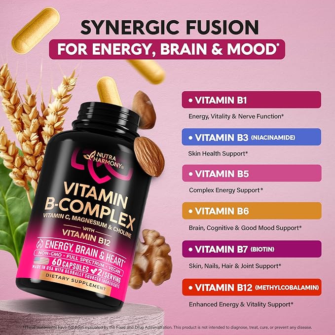 Riboflavin B2 + Vitamin B Complex for Men & Women - B12, B1, B3, B5, B6, B7, B8, B9 | Vitamin C, Choline, Inositol - B-Complex Supplement - Energy, Brain & Heart Support - Made in USA, 60 Vegan Caps