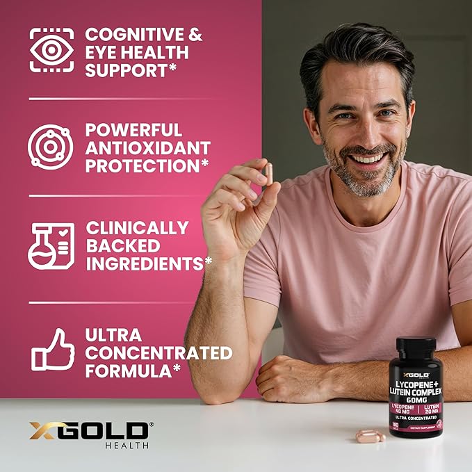 Lycopene + Lutein Supplement 60mg | Lycopene 40mg from Tomato & Lutein 20mg from Marigold Extract - 2-in-1 Ultra-Concentrated Health Supplements | Non-GMO & Gluten Free - 180 Veggie Caps Made in USA