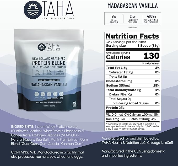 Taha Health & Nutrition Mind + Body Protein Blend – Madagascan Vanilla | 25g Protein from Whey & Collagen + 400mg Milk Phospholipids | Grass-Fed, Free-Range New Zealand Dairy | 2LB