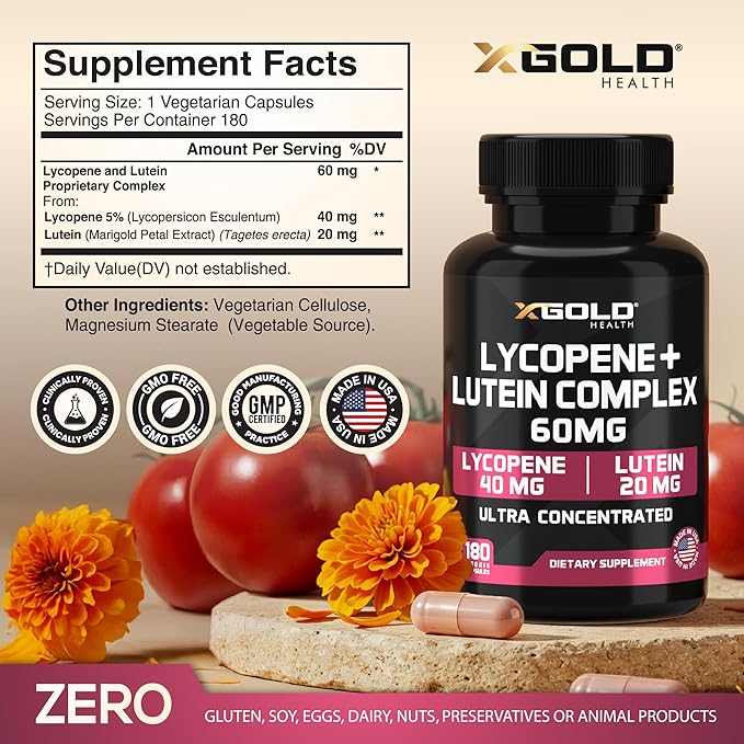 Lycopene + Lutein Supplement 60mg | Lycopene 40mg from Tomato & Lutein 20mg from Marigold Extract - 2-in-1 Ultra-Concentrated Health Supplements | Non-GMO & Gluten Free - 180 Veggie Caps Made in USA