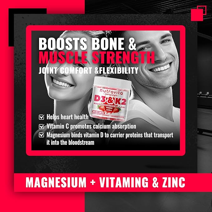 Sugar-Free Vitamin D3 K2 Chews with Calcium + K2 (MK-7), Magnesium Citrate, Vitamin C, Extra Strength - Ultimate Absorption for Bone Muscle Teeth Immune,Vegan - 60 Count-Strawberry Flavor.