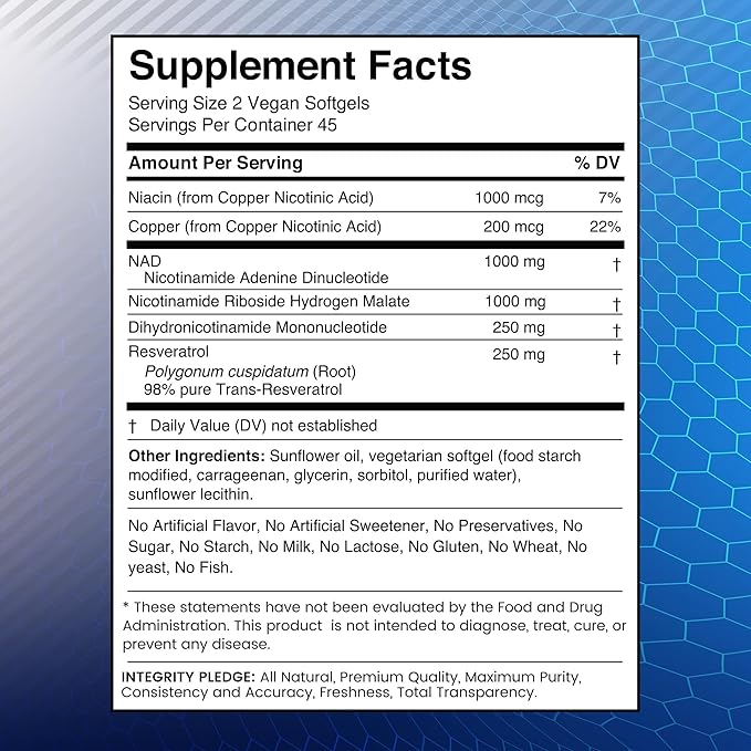 Liposomal NAD+ Supplement - Third-Party Tested NAD Softgels Nicotinamide Riboside Resveratrol - 2500mg Liposomal NAD Supplements for Women - Longevity Support - Made in USA