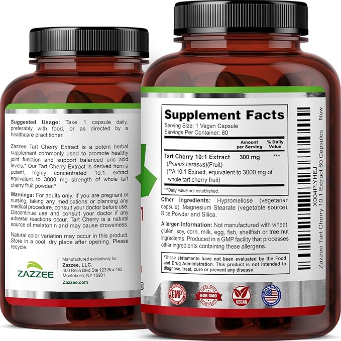 Zazzee Tart Cherry 10:1 Extract, 3000 mg Strength, 60 Vegan Capsules, 2 Month Supply, Certified Kosher, Concentrated and Standardized 10X Extract, 100% Vegetarian, All-Natural, Gluten Free, Non-GMO