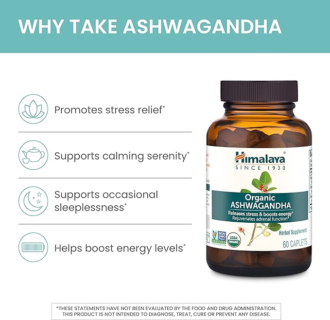 Himalaya Organic Ashwagandha Root, 60 Day Supply - Herbal Adrenal Support Supplements for Stress Relief and Energy Support - USDA Organic, Non-GMO, Vegan, Gluten Free, No Additives, 670 mg, 60 Caplets
