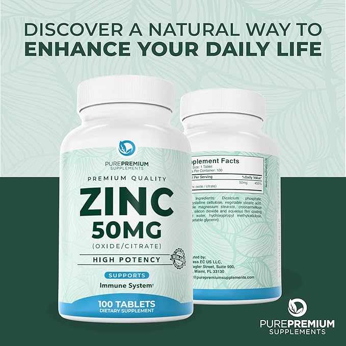 PurePremium Natural Zinc 50mg Supplements for Men/Women - High Potency Vitamin Zinc Citrate/Oxide for Adults, Immune Antioxidant, Energy Support - 100 Tablets
