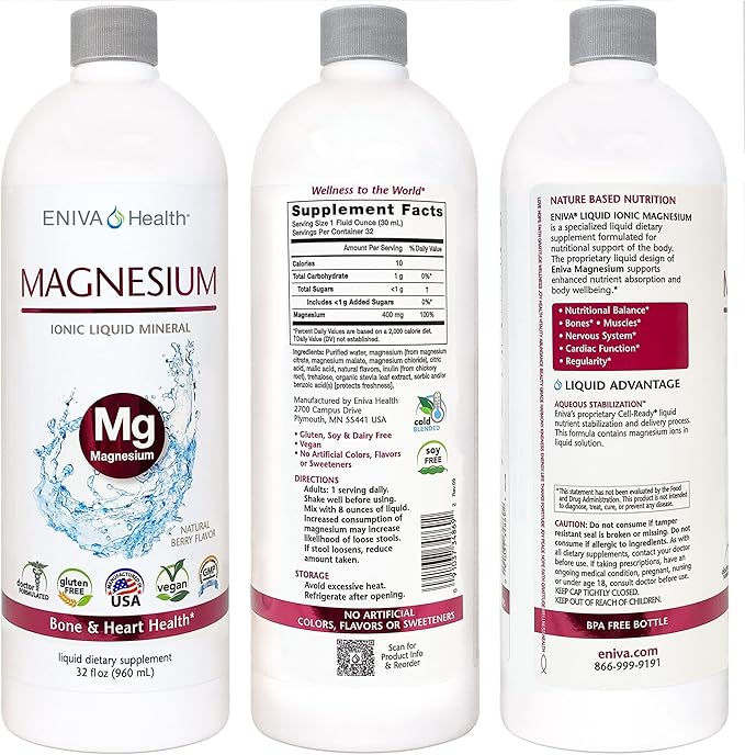 Liquid Ionic Magnesium Supplement (32oz) Digestive Health, Muscle Energy and Bones. Doctor Formulated. Zero Calories. Zero Sugar. by Eniva Health.
