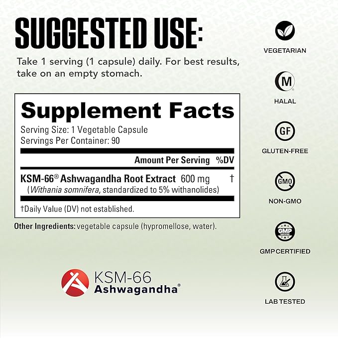 NutraBio Ashwagandha KSM-66 | Ashwaganda Herbal Supplement for Stress, Mood, & Performance | 600 MG of Clinically Studied KSM66 90 Capsules
