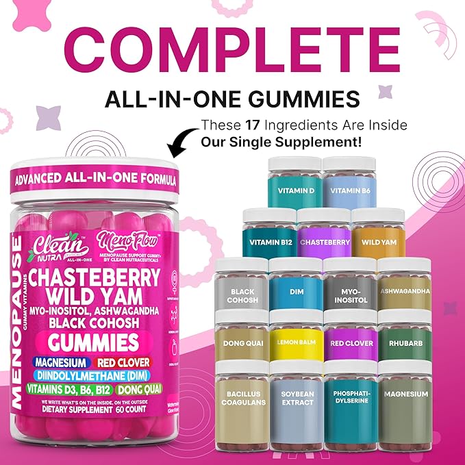 Clean Nutra Chasteberry Wild Yam Menopause Gummies Inositol Black Cohosh Magnesium Red Clover DIM Supplement B6 Magnesium Glycinate Glycine Vitex Hormone Balance for Women Gummy Vitamins 60 Count