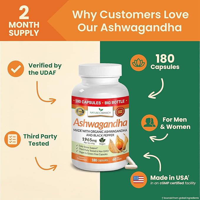 UDAF Verified Organic Ashwagandha with Black Pepper - 180 Capsules - 1965mg Extra Strength for Stress, Sleep, Mood, Thyroid, Focus, Hair, Vegan Pure Root Extract Powder - Men and Women Supplements