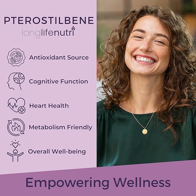 Pterostilbene Supplement 150mg, Elevate Cellular Energy, 180 Vegan Capsules, 3 Month Supply, Pure Organic Pterostilbene Extract, Made in USA, Non GMO, Clean Label, Easy Swallow Antioxidant Support