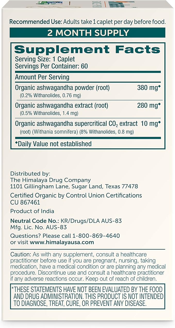 Himalaya Organic Ashwagandha Root, 60 Day Supply - Herbal Adrenal Support Supplements for Stress Relief and Energy Support - USDA Organic, Non-GMO, Vegan, Gluten Free, No Additives, 670 mg, 60 Caplets