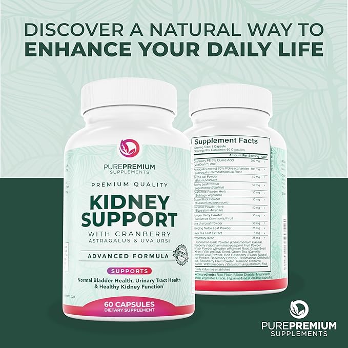 PurePremium Kidney Support Supplement – Kidney Cleanse Detox & Repair with Cranberry Extract & Astragalus - 21-in-1 Complex Supports Normal Bladder, Urinary Tract & Kidneys Health - 60 Day Supply