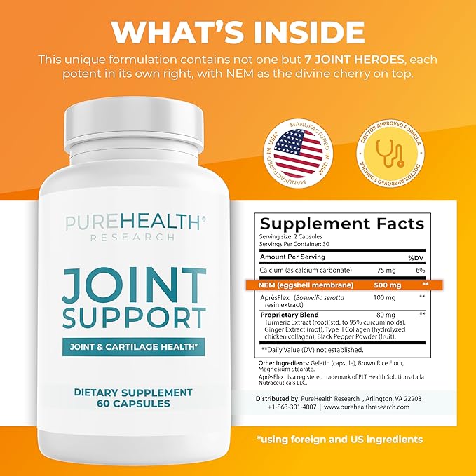 PUREHEALTH RESEARCH Joint Support NEM Eggshell Membrane with Boswellia Extract, Calcium & Turmeric, 60 Capsules