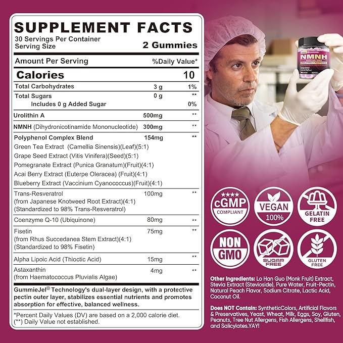 NAD+ Supplement for Women & Men, NMNH Gummies with Urolithin A, Polyphenol Complex, Resveratrol, Ultra Strength Optimized Aging, Cell Regeneration, Longevity, DNA Repair, Focus, Sugar Free, 120ts