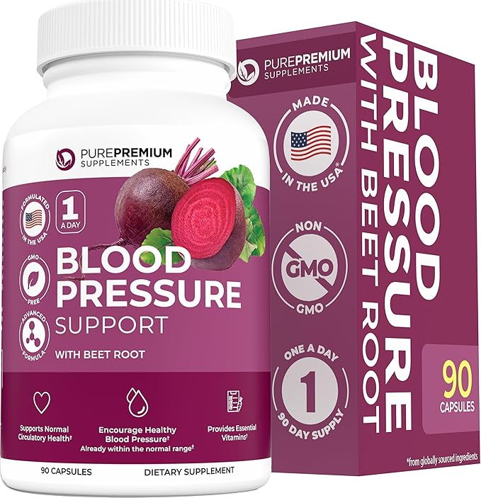 PurePremium Beet Root Capsules for Normal Blood Pressure Support - Beetroot, Hawthorn, Hibiscus - Beets Supplements for Normal Nitric Oxide - 90 Capsules
