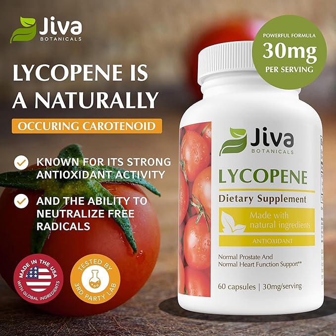 Jiva Botanicals Lycopene Supplement 30mg - Antioxidant Support for Normal Prostate and Heart Health Support - Lycopene from Tomato Extract - Made in The USA - Non GMO, Vegan - 60 Capsules