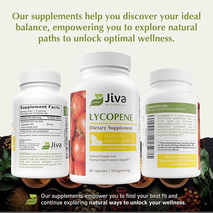 Jiva Botanicals Lycopene Supplement 30mg - Antioxidant Support for Normal Prostate and Heart Health Support - Lycopene from Tomato Extract - Made in The USA - Non GMO, Vegan - 60 Capsules