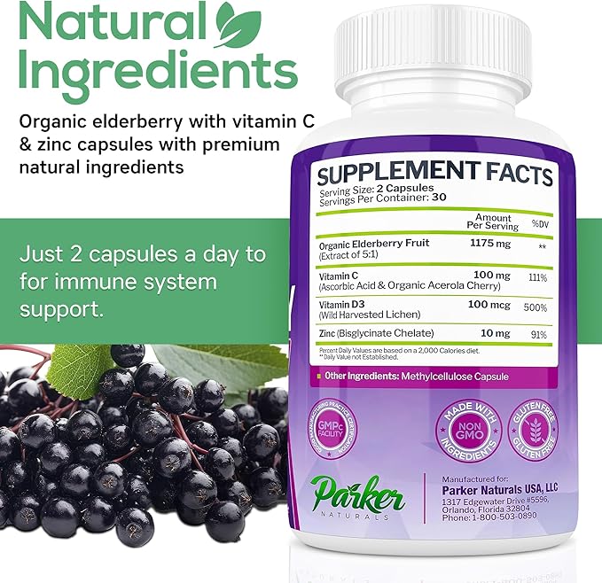 Organic Elderberry Capsules, 4-Way Immune Boost Elderberries, Vitamins C, D & Zinc Support, 1260.1 mg Elderberry Supplements for Adults, 60 Capsules