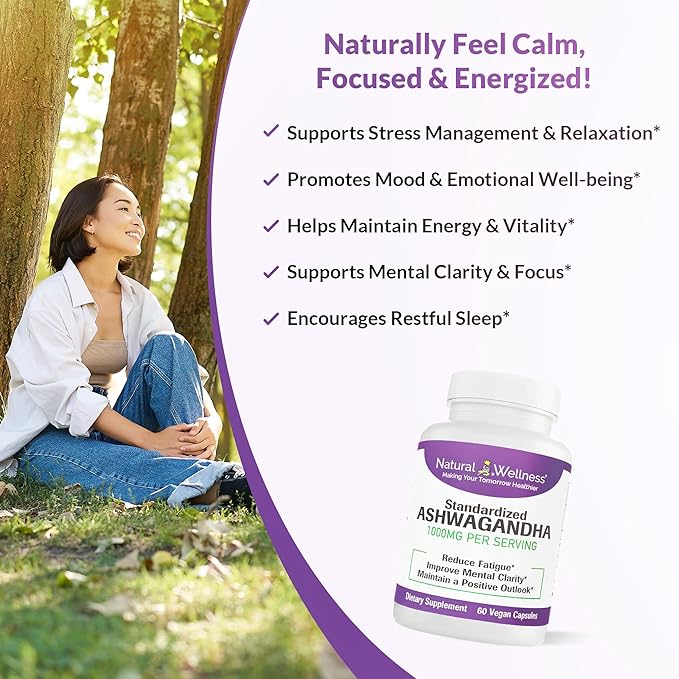 Natural Wellness Ashwagandha Root Extract 1000 mg – Supports Stress Relief, Mood, Sleep, and Energy – 60 Vegan Capsules, 30-Day Supply