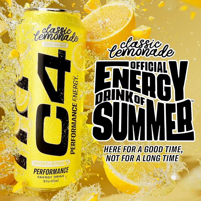 C4 Energy Drink, Lemonade Limited Edition Carbonated, Sugar Free Pre Workout Performance Drink with no Artificial Colors or Dyes, 16oz Pack of 12