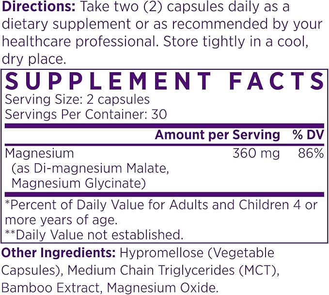 NAOMI Mighty Mg Magnesium Glycinate & Malate Complex 360mg, High Absorption Formula, Elemental Magnesium Supports Heart Health, Strong Bones, Better Sleep, Gluten-Free, Non-GMO, Vegan, 60 Veggie Caps