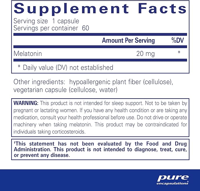 Pure Encapsulations Melatonin 20 mg - Not Intended for Sleep Support - for Immune System & Healthy Cells - 99.5% Purity Melatonin - Gluten Free & Non-GMO - 60 Capsules