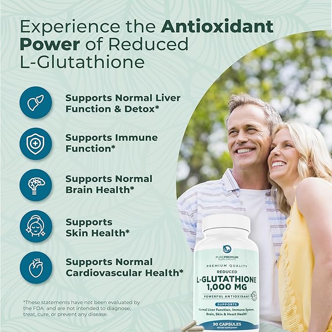 PurePremium Reduced Glutathione 1000mg Per Serving - 500mg Per Capsule – L-Glutathione Supplement & Antioxidant Support for Normal Liver, Brain, Skin & Heart Health – 90 Capsules