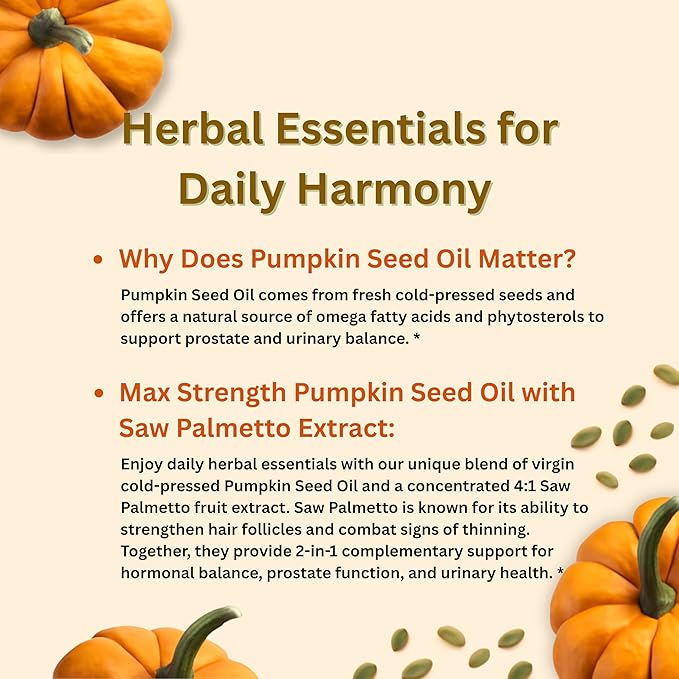 Pumpkin Seed Oil with Saw Palmetto, 3000mg Per Serving, 300 Softgels | Cold Pressed, Pure Virgin Oil, Essential Fatty Acids & Phytosterols | Supports Hair, Urinary, Bladder & Prostate Health | Non-GMO