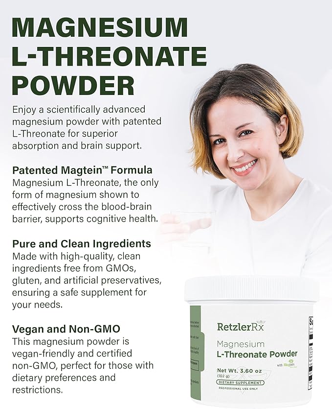 RetzlerRx Magnesium L-Threonate Powder with Magtein® - Brain-Supporting Magnesium Threonate Complex - Unflavored, Gluten-Free Supplement for Cognitive Health - 60 Servings