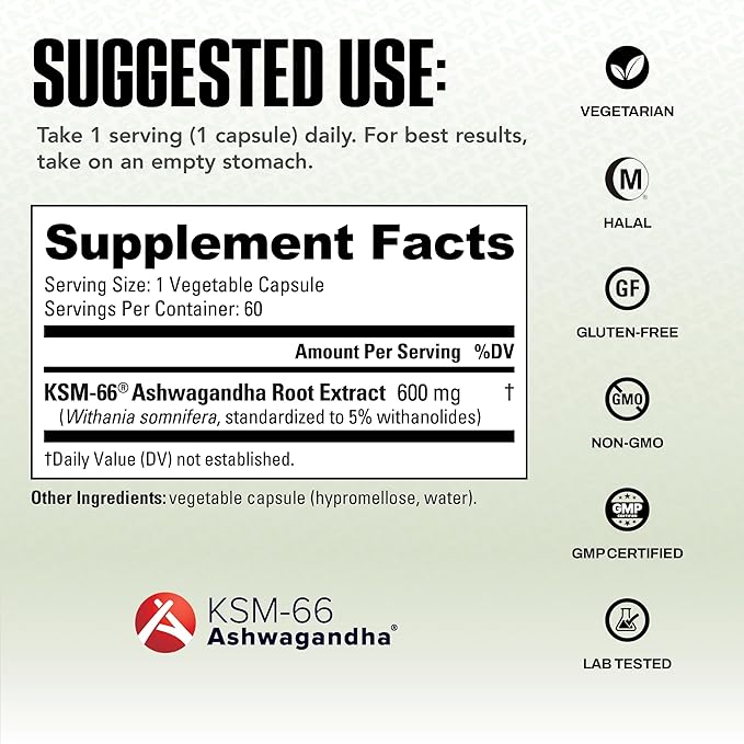 NutraBio Ashwagandha KSM-66 | Ashwaganda Herbal Supplement for Stress, Mood, & Performance | 600 MG of Clinically Studied KSM66 60 Capsules