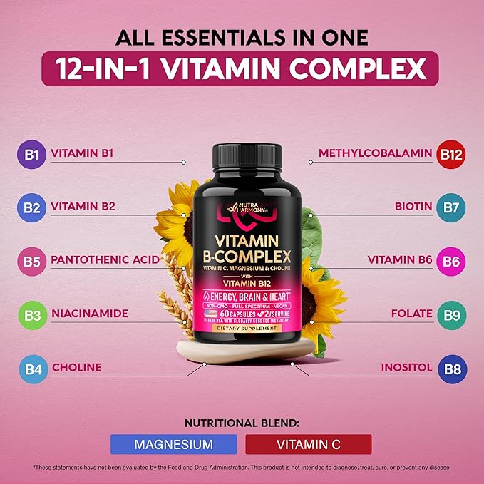 Riboflavin B2 + Vitamin B Complex for Men & Women - B12, B1, B3, B5, B6, B7, B8, B9 | Vitamin C, Choline, Inositol - B-Complex Supplement - Energy, Brain & Heart Support - Made in USA, 60 Vegan Caps