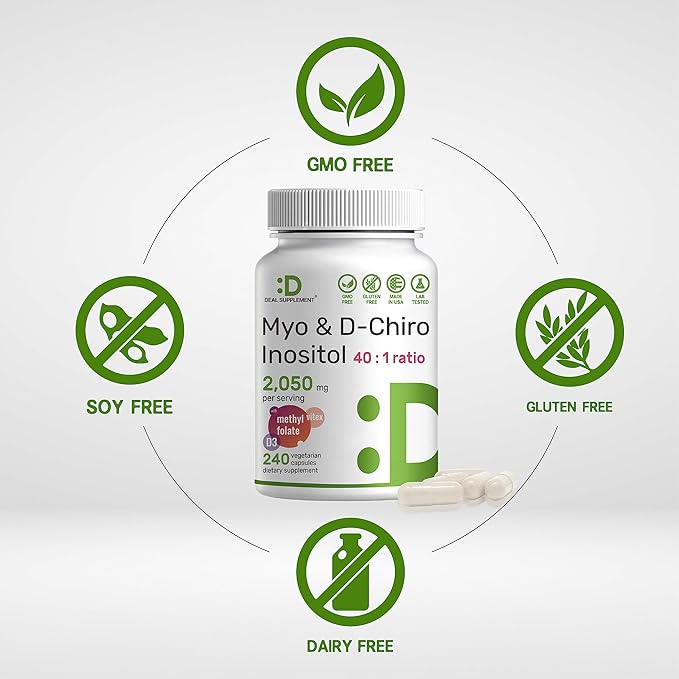 Myo-Inositol & D-Chiro Inositol Supplement for Women (40:1) | 2,050mg Per Serving | 240 Veggie Capsules | with Folate, Vitamin D3 & Vitex | Hormonal Balance & Cycle Support | Non-GMO